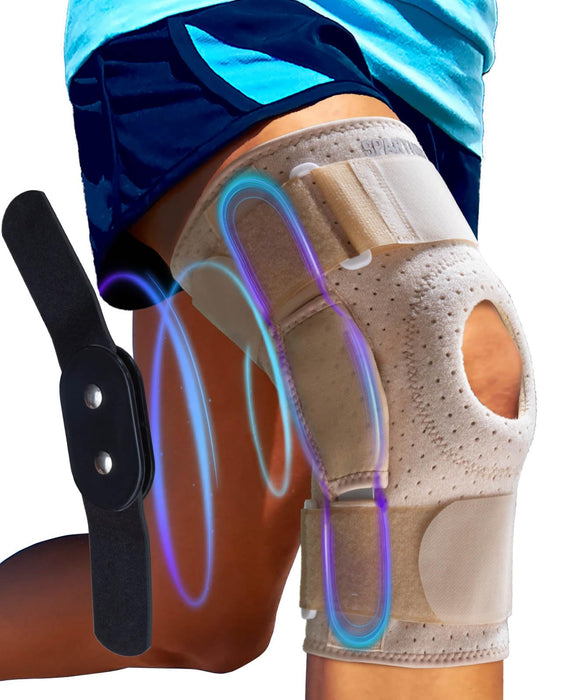 Sparthos Hinged Knee Brace - Relieves ACL, MCL, Meniscus Tear, Arthritis, Tendon Pain - Open Patella Design with Dual Metal Side Stabilizers - Support for Running, Knee Pain, For Men and Women (Beige-L)