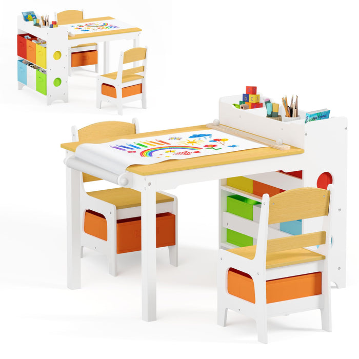 Kinder King Kids Art Table & Chair Set, Wood Toddler Activity Table for Kids Drawing, Reading, Studying, Crafting, Playing, 8 Removable Bins, Paper Roll for Playroom, Nursery, Natural