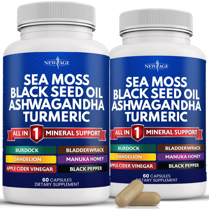 NEW AGE Sea Moss Black Seed Oil Ashwagandha Turmeric Bladderwrack Burdock - with Manuka, Honey Dandelion, ACV Black Pepper Gluten Free