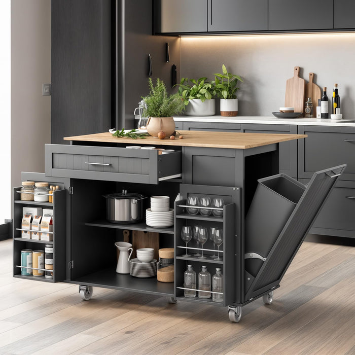 43.3" Rolling Kitchen Island Cart with Drop Leaf & Storage - Mobile Kitchen Organizer with Wheels, Rubberwood Top, Trash Bin Cabinet & Towel Rack, Farmhouse Style for Small Spaces Grey