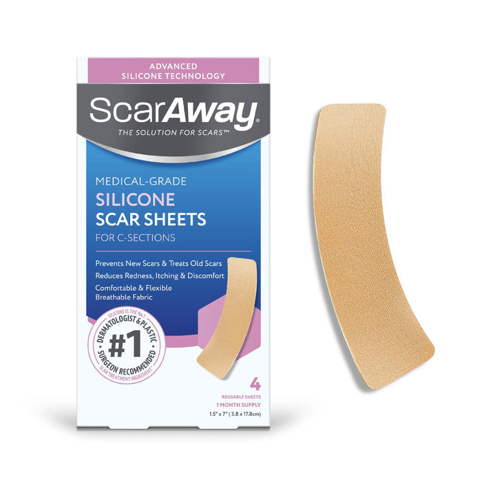 ScarAway Advanced Silicone Scar Sheets for C-Section, Reusable Sheets (1.5β x 7β) for Hypertrophic and Keloid Scars from C-Section & Other Surgeries, 4 Sheets