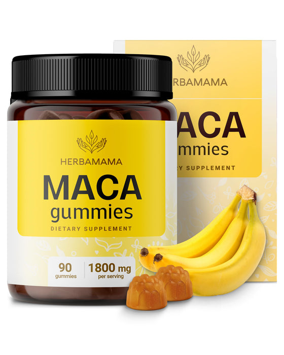 HERBAMAMA Maca Root Gummies - 1800mg Maca Root Extract for Energy Support - Vegan, Non-GMO Antioxidant Support Supplement - 90 Pectin-Based Banana-Flavored Chews