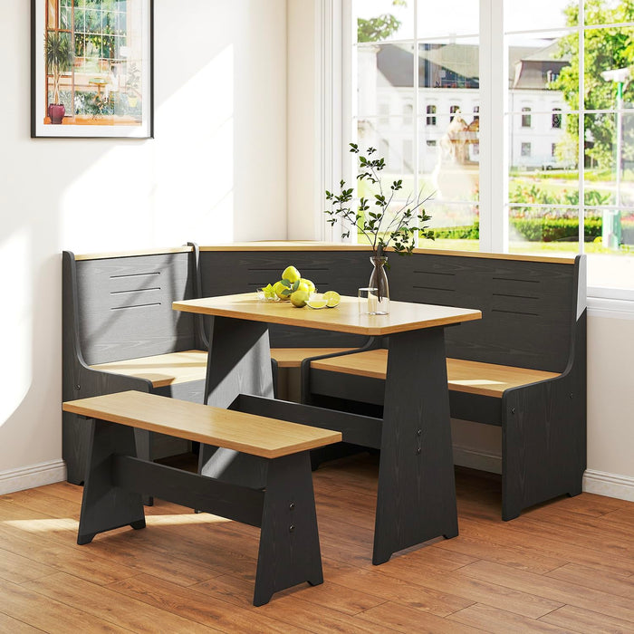 Breakfast Nook Corner Dining Table Kitchen Bench Chair Set, Space-Saving 3-5 People Seat Reversible L-Shape for Family Home Black Wood