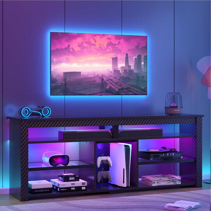 Bestier TV Stand for 70 inch TV, Tall Entertainment Center with 2 Led Lights, Gaming TV Console with Storage for PS5, Modern TV Cabinet for Bedroom, Living Room, Black Carbon Fiber