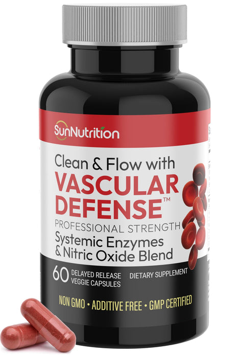 SunNutrition Nattokinase Supplement Nitric Oxide Capsules Beet Root Extract High Potency Lumbrokinase & Bromelain Systemic Enzymes Nitric Oxide Blend Clean & Flow Vascular Defense 60 Caps 30 Servings