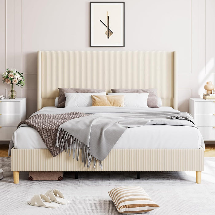 GarveeHome Queen Bed Frame, Upholstered Platform Corduroy Bed Frame with Vertical Channel Tufted Wingback Headboard, Strong Wooden Slats, No Box Spring Needed, Easy Assembly, Creamy Beige