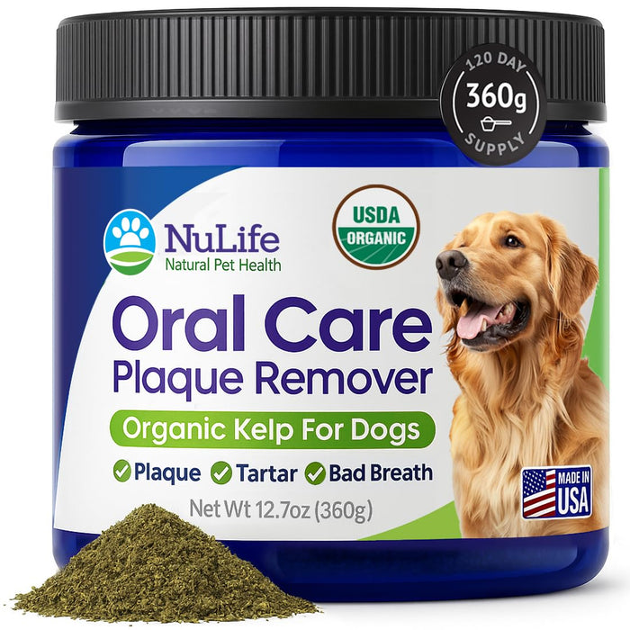 Dog Teeth Cleaning Powder, Dog Plaque and Tartar Remover, Bad Breath Treatment for Dogs with USDA Organic Sea Kelp Powder, Dog Dental Care Made Easy, for All Ages, 12 oz