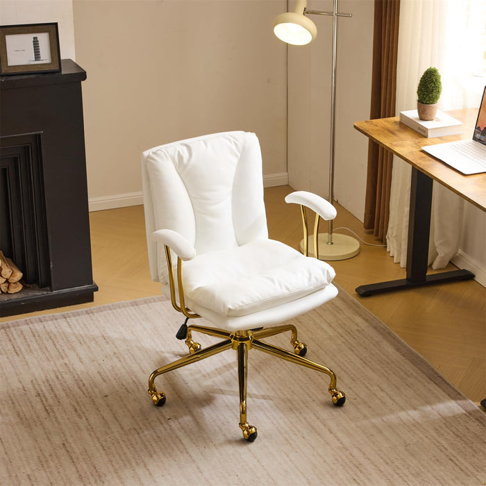VINGLI Home Office Desk Chair Comfy with Wheels & Removable Armrests,Gold Base Vanity Chair with Back, Adjustable Rolling Swivel Computer Task Chair for Study,Makeup,Office,Bedroom,PU Leather,White