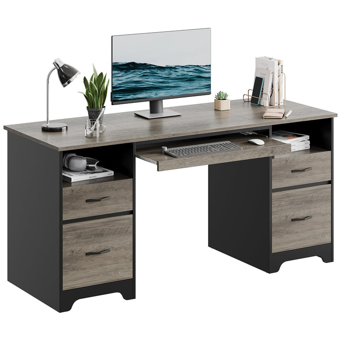 Bestier 59β Computer Desk with 4 Drawers, Office Desk with Storage, Industrial Executive Desk with File Drawer, Keyboard Tray & 2 Pedestals on Both Sides for Home Office & Studio, Grey