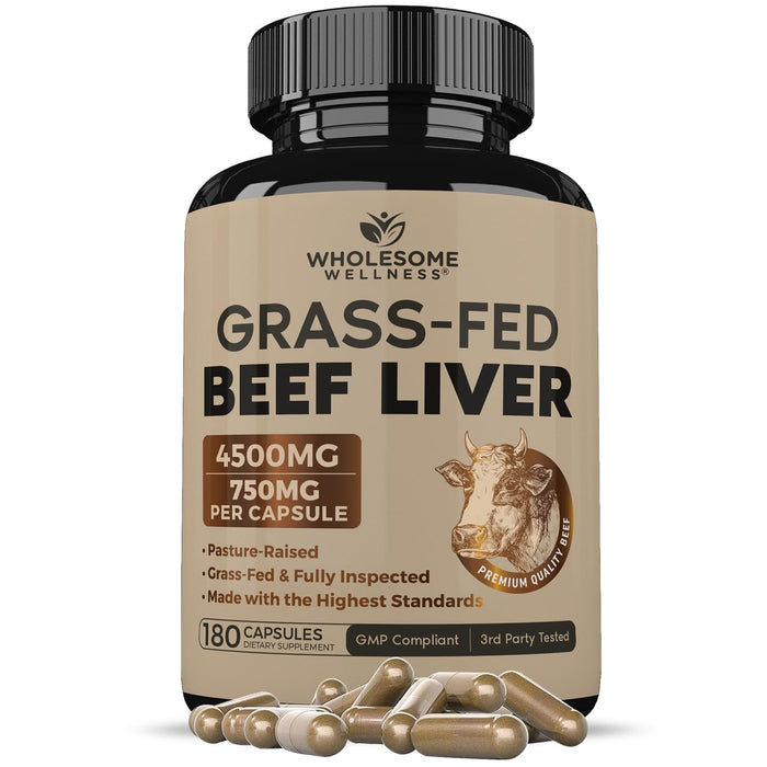 Grass Fed Desiccated Beef Liver Capsules (180 Pills, 750mg Each) - Natural Iron, Vitamin A, B12 for Energy - Humanely Pasture Raised Undefatted in New Zealand Without Hormones or Chemicals Healthcare Dietary Supplement Edible
