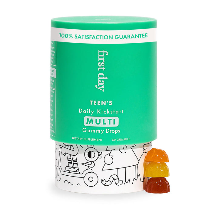FIRST DAY Teens Daily Kickstart Multivitamin Gummies for Ages 14+ – Vitamins A, B1, B2, B6, E, B12, C, D3 & K2 + Zinc & Folate – Made w/Organic Fruits & Veggies, Only 2g Sugar – 30 Day Supply