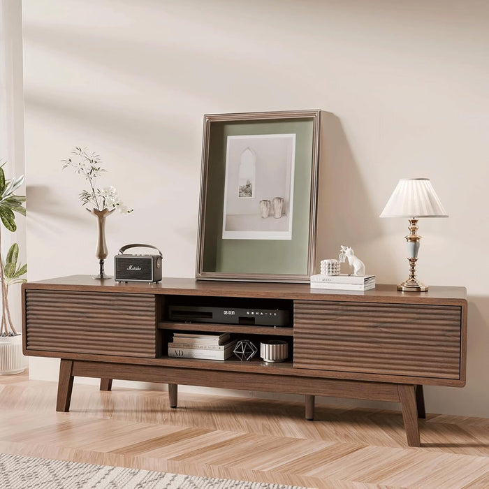 TOLEAD 59" TV Console, Mid Century Modern Media Console for 55/60/65 Inch TV, Low Profile TV Stand with Fluted Sliding Doors, Boho Light Wood Credenza for Living Room, Walnut