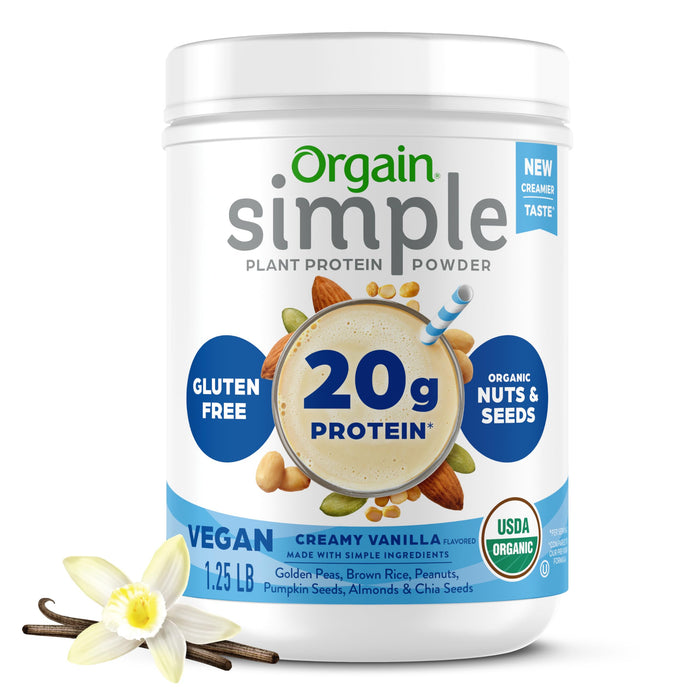 Orgain Organic Simple Vegan Protein Powder, Vanilla - 20g Plant Based Protein, Made with less Ingredients, No Artificial Sweeteners, Gluten Free, No Dairy or Lactose, 1.25 lb (Packaging May Vary)