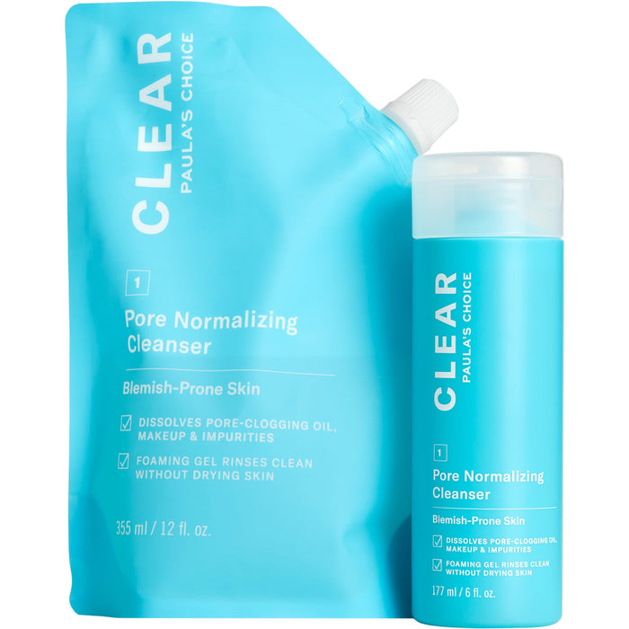 Paula's Choice CLEAR Pore Normalizing Cleanser Bottle + Refill Pouch Kit, Salicylic Acid Daily Face Wash Duo for Acne, Blackheads, Large Pores & Redness, Set of 2