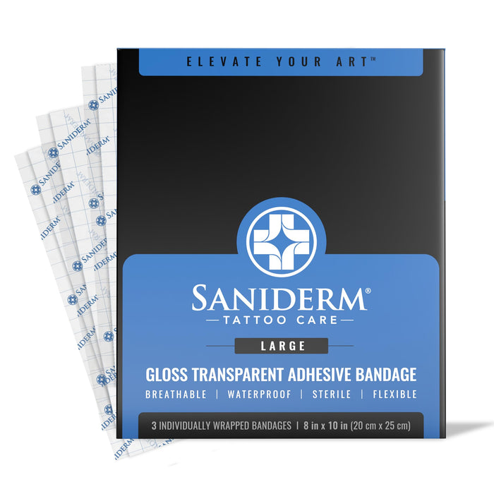 Saniderm Tattoo Aftercare Bandage 3 Sheets (Large Pack, 8 in x 10 in) – Convenient, Faster Tattoo Healing and Protection – Sterile, Waterproof, and Latex-Free