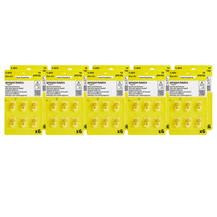 Amazon Basics 60-Pack Hearing Aid Size 10 Zinc-Air Batteries, 1.45 Volt, Yellow Tab, 4-Year Shelf Life, Child-Safe Package (Use Scissors to Open)