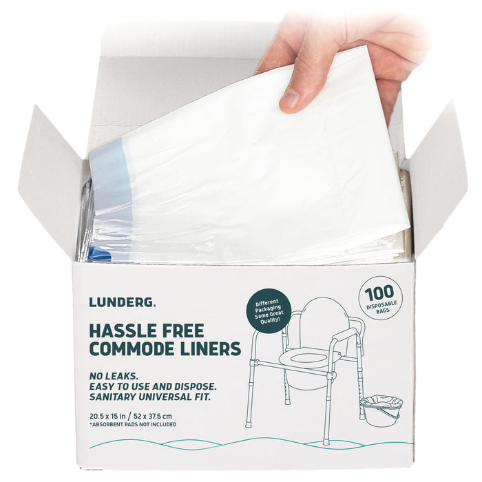 Lunderg Commode Liners - Value Pack 100 Count Universal Fit - Medical Grade Bedside Liners Disposable for Adult Commode Chair, Portable or Camping Toilet Bags