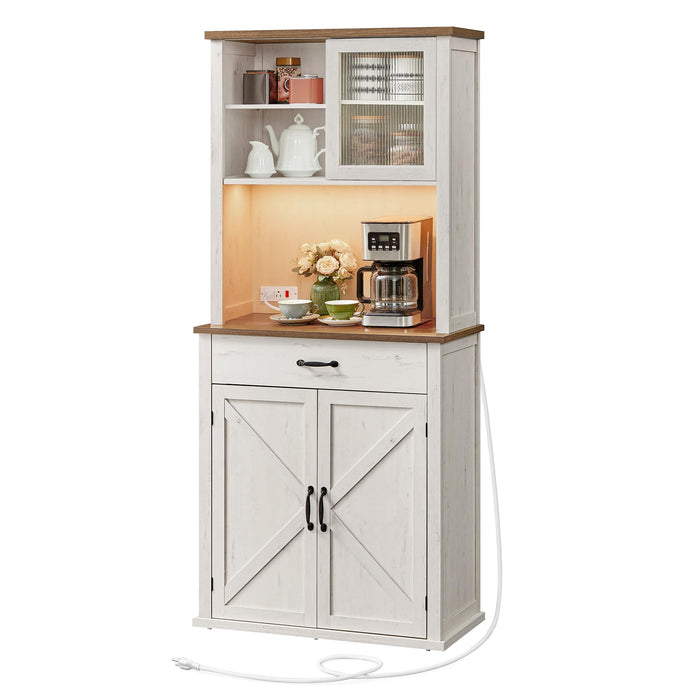 VASAGLE 71" Kitchen Pantry Cabinet with Lights and Charging Station, Coffee Bar Cabinet with Doors and Drawer, Farmhouse Style, Adjustable Shelves, Rustic White UBBK363W12