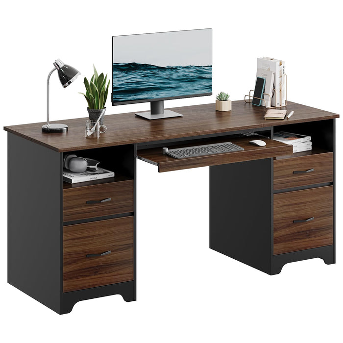 Bestier 59β Computer Desk with 4 Drawers, Office Desk with Storage, Industrial Executive Desk with File Drawer, Keyboard Tray & 2 Pedestals for Home Office & Studio, Cherry