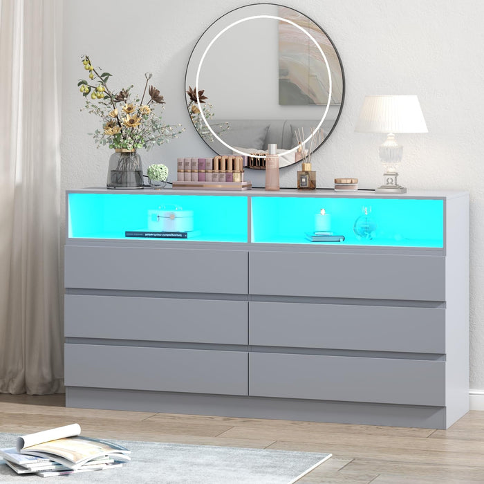 Gyfimoie 6 Drawers Dresser with Power Outlet, Accent Chests of Drawers with LED Light, Modern Storage Dresser for Bedroom, Living Room