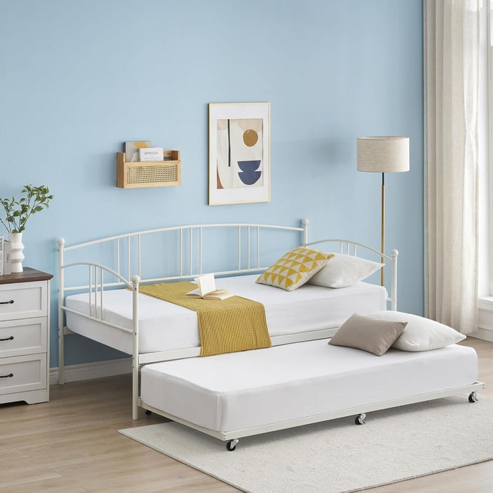 Garvee Twin Metal Daybed with Trundle, Pullout Trundle Bed Frame with Arched Headboard, Guest Sofa Bed with Steel Slat Support, No Box Spring Required, Easy Assembly, White