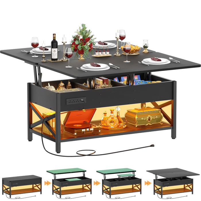 Aheaplus Coffee Table Lift Top Multi-Function Coffee Table Converts to Dining Table, with LED Light and Power Outlet, Center Table with Shelves for Living Room Reception Home Office, Black