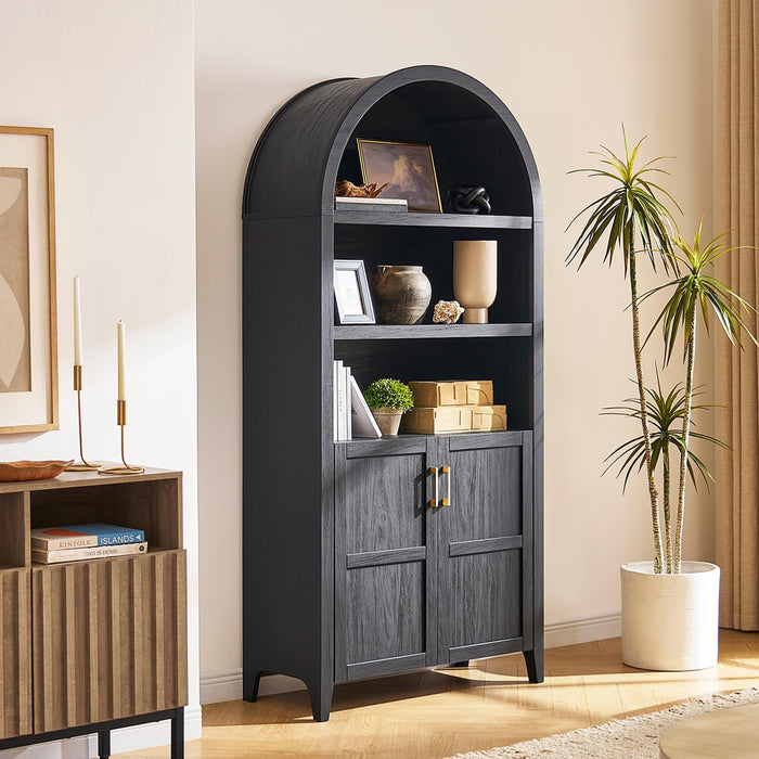 mopio Lauren 77.4" Tall Arched Cabinet, 5-Tier Arched Bookcase with Doors and Adjustable Shelves, Arch Bookshelf with Storage, Wooden Storage Cabinet for Living Room and Kitchen Pantry (Black)