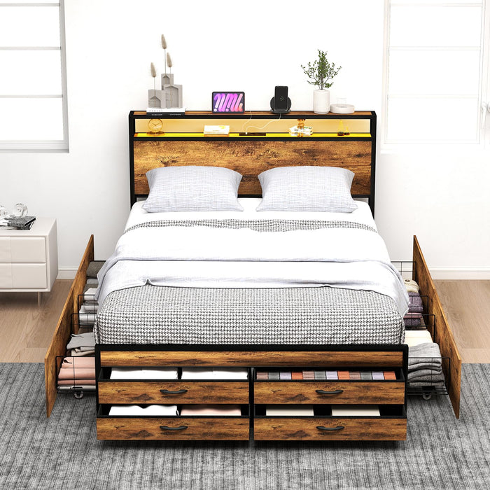 Zevemomo Queen Bed Frame with 8 Storage Drawers, Queen Metal Bed Frame with LED Light and Charging Station, Heavy Duty Metal Slats, No Box Spring Needed, Rustic Brown