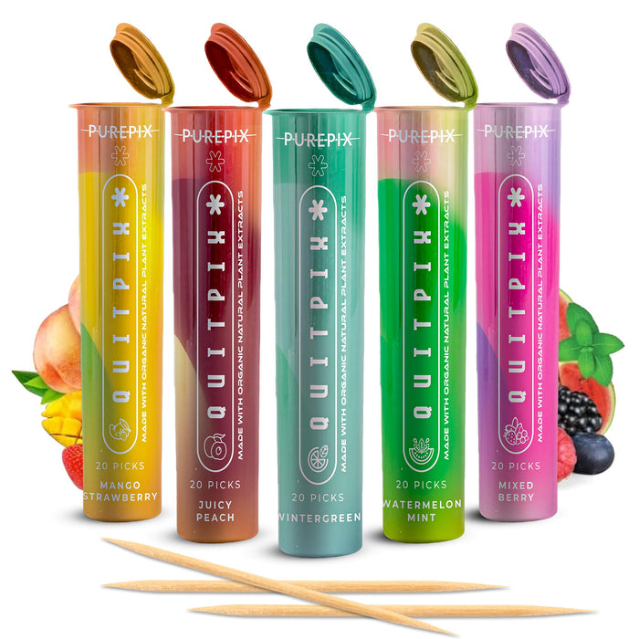 PurePix QuitPix to Help Quit Smoking Extra Thick Boosting Flavored Toothpicks with Lobelia - Oral Fixation - Nicotine Free Toothpicks - 5 Flavors Kosher Variety PackGET 20% OFF STOREWIDE!