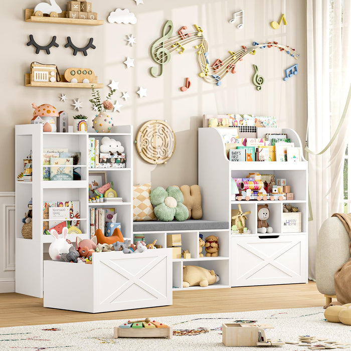 FINETONES 75” W Kids Bookshelf with Reading Nook, Large Toy Storage Toy Organizer with Seat Cushion and 2 Movable Drawers, Kids Reading Nook Kid Bench for Playroom Living Room, White