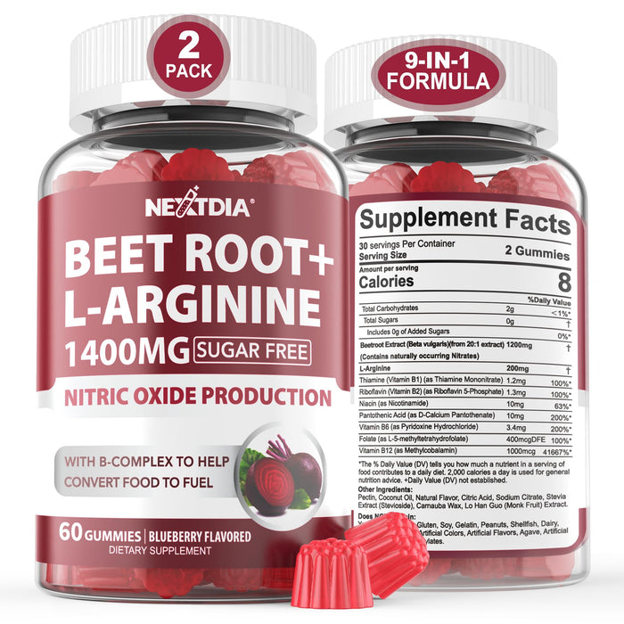 Beet Root Gummies & L-Arginine 1400mg with B1, B2, B3, B5, B6, Folate, B12, Sugar Free Nitric Oxide Supplement for Men & Women for Energy Boost, Blood Flow & Circulation Support, Non-GMO, 120 Cts