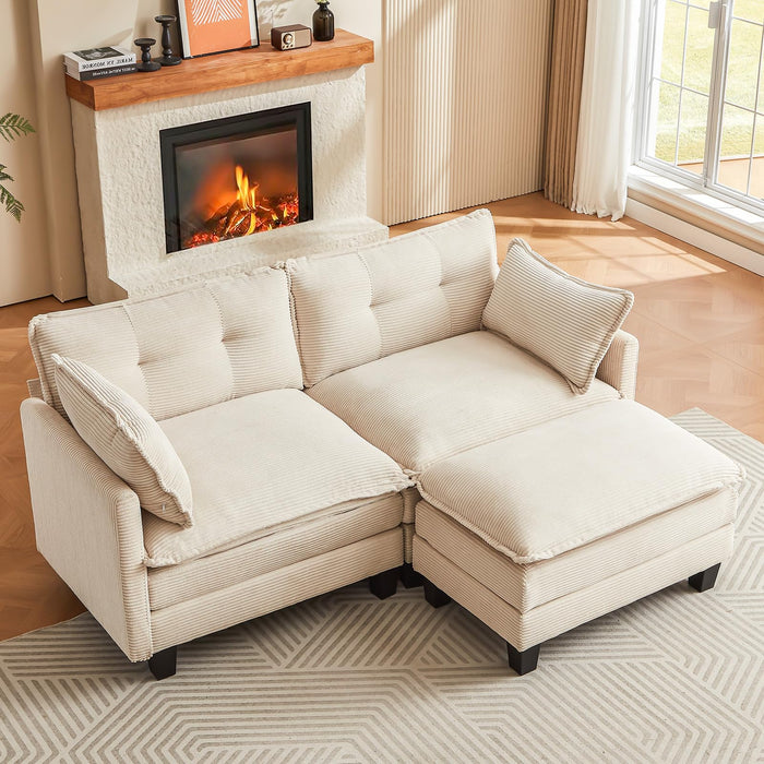 Amsleekey Modular Sectional Sofa, 76.5" L-Shaped Corduroy Comfy Sectional Couches for Living Room, 2-Seater Cloud Couches with 1 Movable Ottoman, Flexible Combination Modern Deep Seat Sofa (Beige)