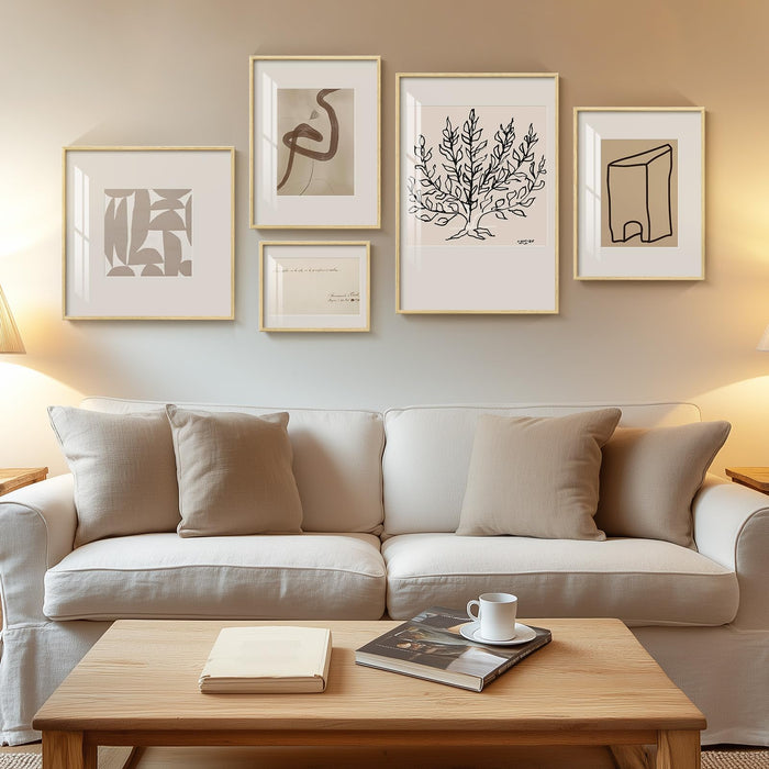 Framed Matisse Abstract Neutral Wall Art, 5 Piece Large Beige Canvas Prints Set, Modern Minimalist Geometric Botanical Paintings for Living Room, Bedroom, Hallway, Home Office, Guest Room