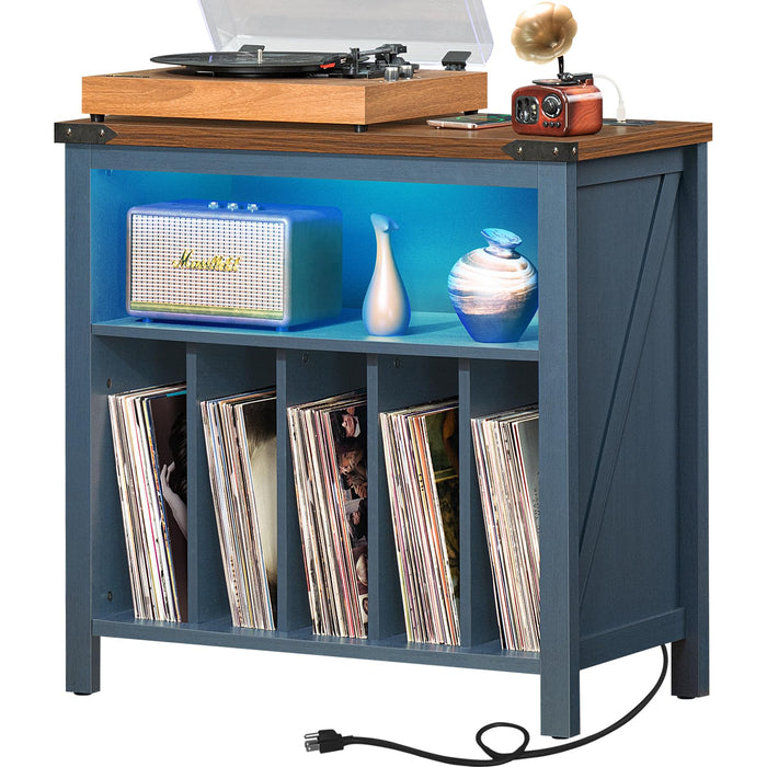 Joaxswe Large Record Player Stand with Charging Station & LED Lights, Vinyl Records Storage Holder Cabinet Holds up to 230 Albums, Turntable Stand for Music Room, Bedroom, Living Room, Office (Blue)