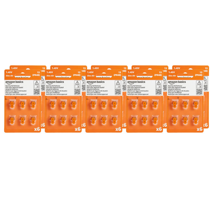 Amazon Basics 60-Pack Hearing Aid Size 13 Zinc-Air Batteries, 1.45 Volt, Orange Tab, 4-Year Shelf Life, Child-Safe Package (Use Scissors to Open)