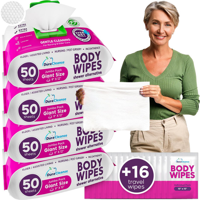 XL Bath Wipes for Adults Bathing No Rinse (4pk) - 200 Count + 8 16ravel Wipes - 9"x12" Disposable Washcloths for Adults - Surgery Recovery Supplies, Elderly Incontinence & Health Care Products