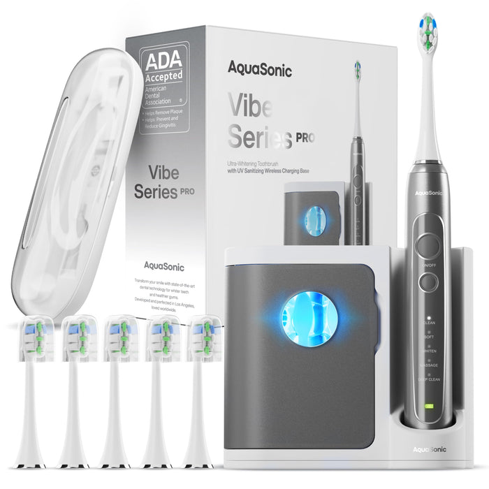 Aquasonic Vibe Series PRO – Ultra-Whitening Electric Toothbrush – 5 Modes & Smart Timers – UV Sanitizing Base – ADA Accepted (Charcoal Metallic)