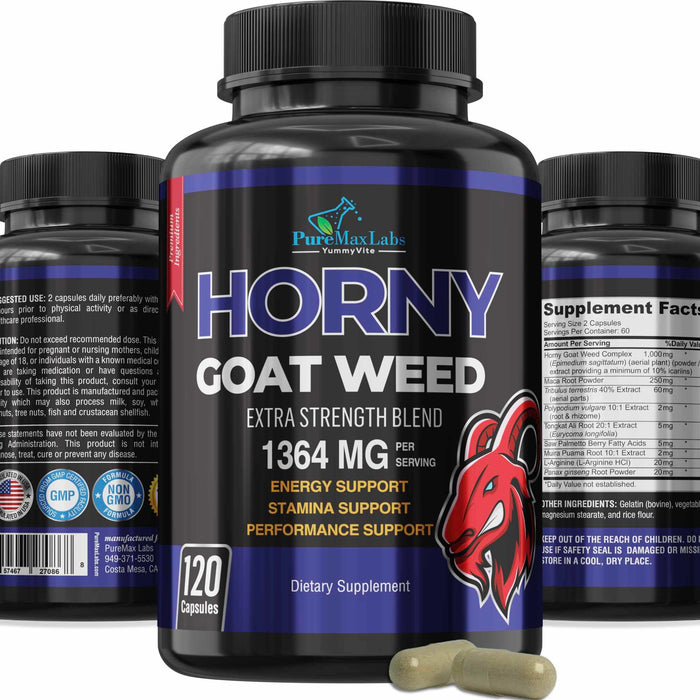YUMMYVITE Horny Goat Weed Extra Strength -120 Capsules w. Maca, L-Arginine, Ginseng - Boost Desire, Performance, Stamina, Energy, Non-GMO Formula, 120 Capsules