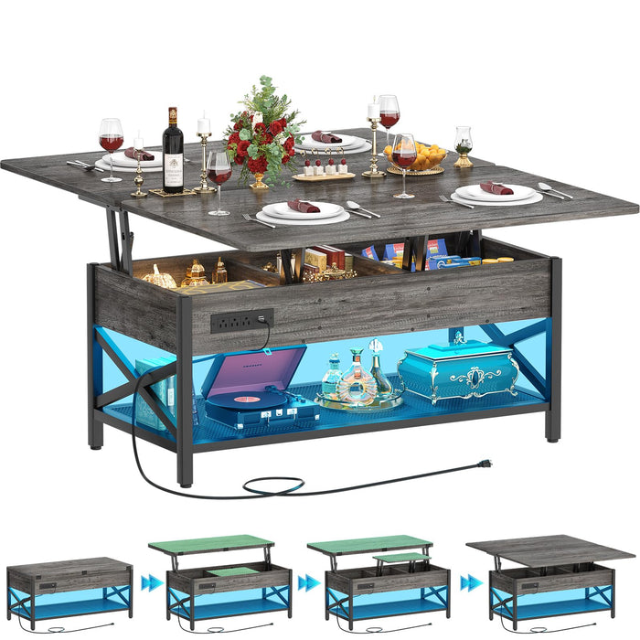 Aheaplus Coffee Table Lift Top Multi-Function Coffee Table Converts to Dining Table, with LED Light and Power Outlet, Center Table with Shelves for Living Room Reception Home Office, Black Oak