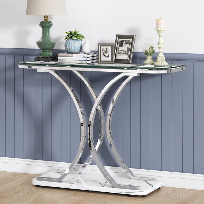 O&K FURNITURE Silver Glass Console Tables for Entryway,Glass Entryway Table with Curved Frames and Marble Base, Modern Entrance Table Sofa Table for Living Room,Hallway,Silver Glass&White Marble