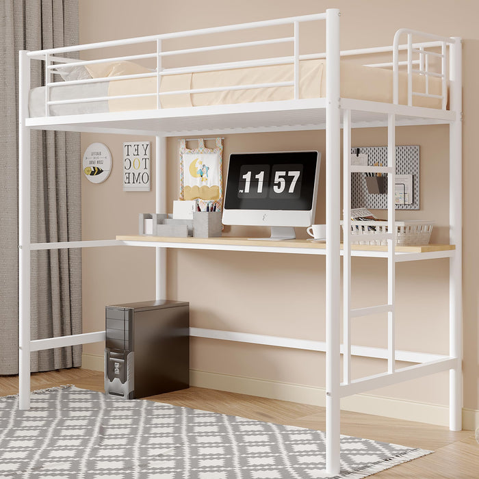 VECELO Loft Bed Twin Size with Desk, Metal Bedframe with Removable Ladder and Safety Guardrail, No Box Spring Needed, Space Saving, Noise Free, Pure White