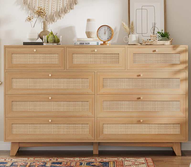 VIAGDO Rattan Dresser for Bedroom, 9 Drawer Dresser with Natural Rattan Drawers, Wooden Tall Cabinet with Gold Handles, Modern Closet Storage Chest of Drawers for Nursery Entryway Living Room