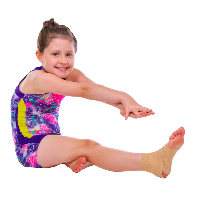 BraceAbility Elastic Ankle Support Brace - Youth Slip on Foot Compression Sleeve for Gymnastics, Dance, Kids, Sports, Running, and Sprained Ankle Swelling for Boys and Girls (S)