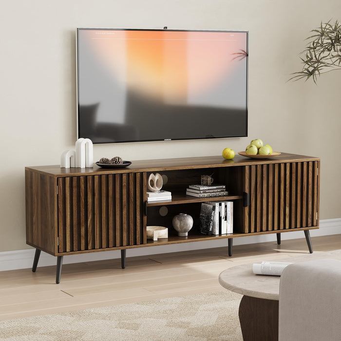 Smart FENDEE 63" Walnut Fluted TV Stand with 2 Cabinets and Adjustable Shelf, Media Console Fits 30" to 70" TV for Living Room, Mid Century Modern Entertainment Center for Bedroom