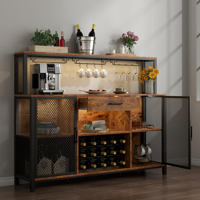 Gyfimoie Wine Bar Cabinet with Drawer and LED Lights, 55 Inches Industry Coffee Bar Cabinet with Wine Rack and Glass Goblet Holder, Kitchen Sideboard Buffet Cabinet for Liquor and Goblet