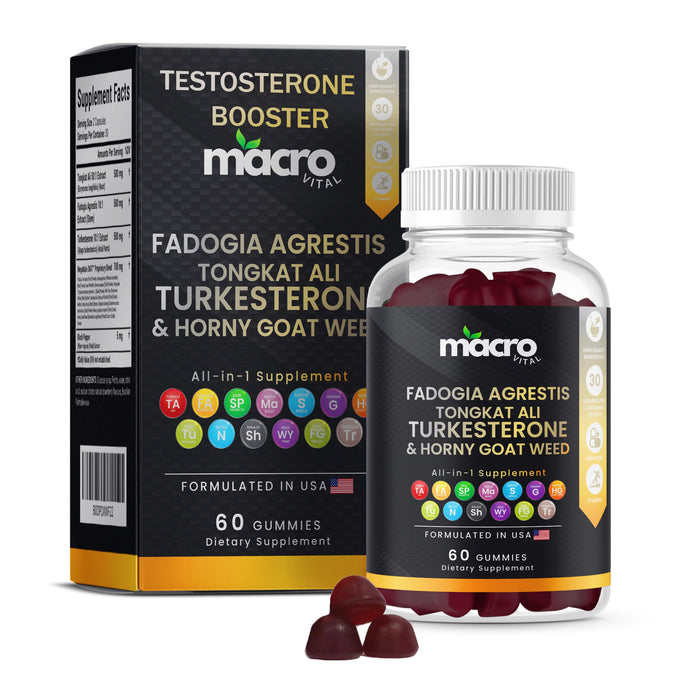 MACRO VITAL Testosterone Booster Supplement for Men,10x Strength Masculinity Boost, Turkesterone, Tongkat Ali, Horny Goat Weed, Maca Root, Tribulus,Muscle Builder+Testo Gummies 60Ct