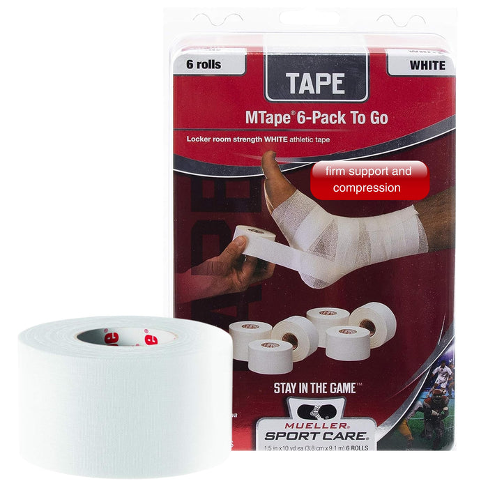 MUELLER Sports Medicine MTape Rolls To Go, Quality Athletic Tape, Easy to Tear for Fast & Effective Taping, 1.5" x 10 Yards Per Roll, 6 Rolls, White
