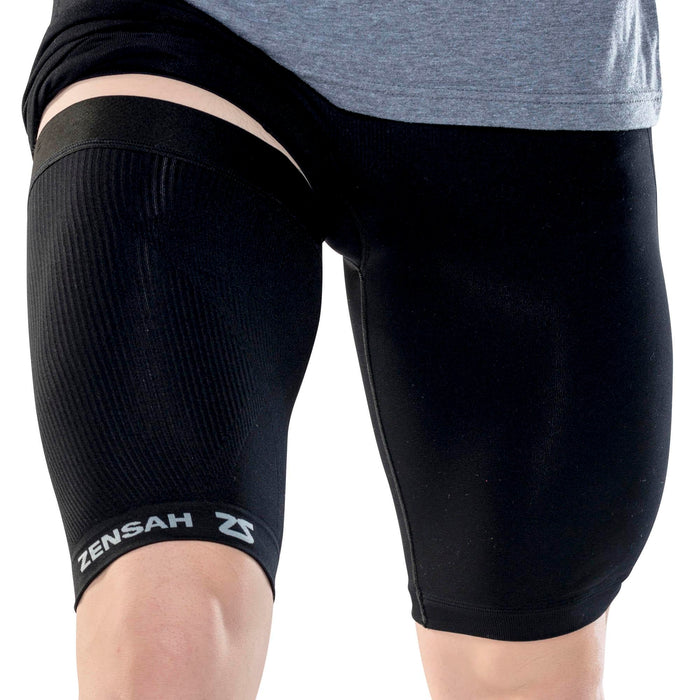 Zensah Thigh Compression Sleeve - Support for Pulled Hamstring, Quad Strain, Groin Compression Wrap for Men and Women (Large, Midnight Black)