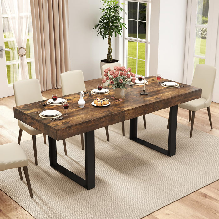 Zevemomo 63"-78.7" Expandable Dining Table, 6-10 Farmhouse Kitchen Table, Extendable Dining Table, Rectangular Kitchen Table with Metal Track, Tapered U-Shaped Leg for Dining Room,Office-Rustic Brown