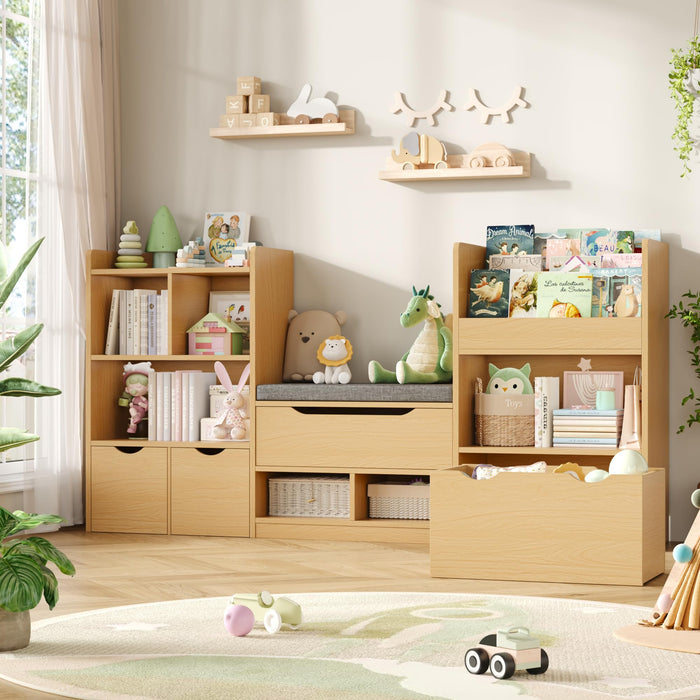 FOTOSOK 72” Kids Bookshelf with Reading Nook, Large Toy Storage Organizer with Seat Cushion and 3 Movable Drawers, Kids Reading Nook Toy Organizers and Storage with Bench for Living Room, Natural